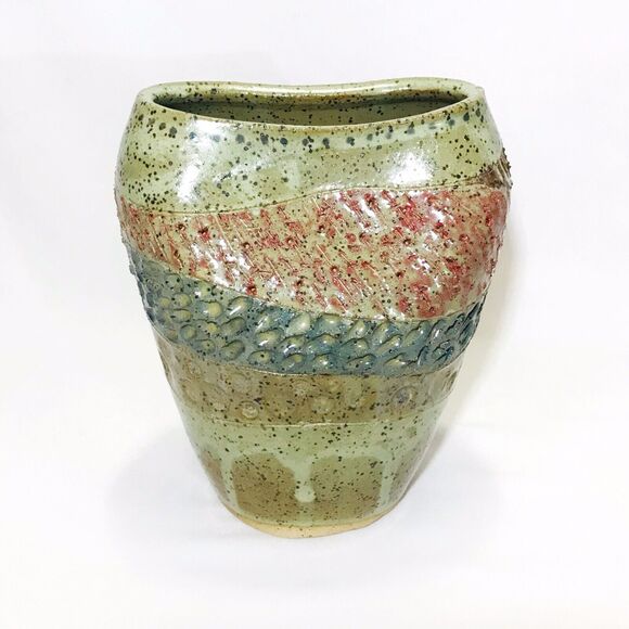 Artisan Ceramic Oval Flat Vase with Multi Textured Raised Pattern, 6”H EUC - Picture 3 of 7